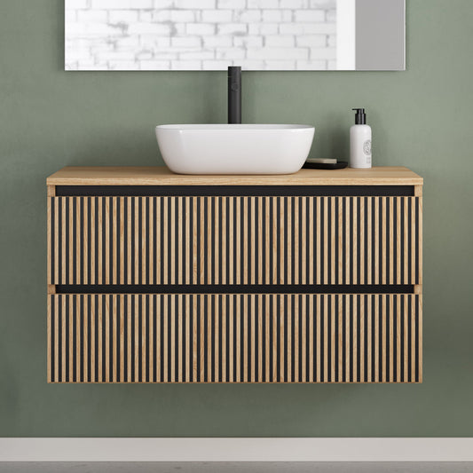 Meuble de salle de bain 100cm avec plateau et vasque à poser arrondie - 2 tiroirs - sans miroir - VENERIA