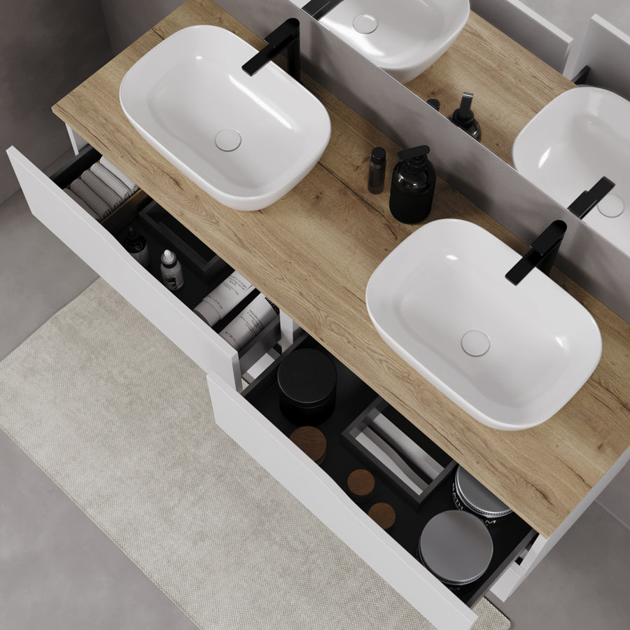 Meuble de salle de bain 120cm avec plateau et 2 vasques à poser Zeus - sans miroir - 4 tiroirs - LUNA
