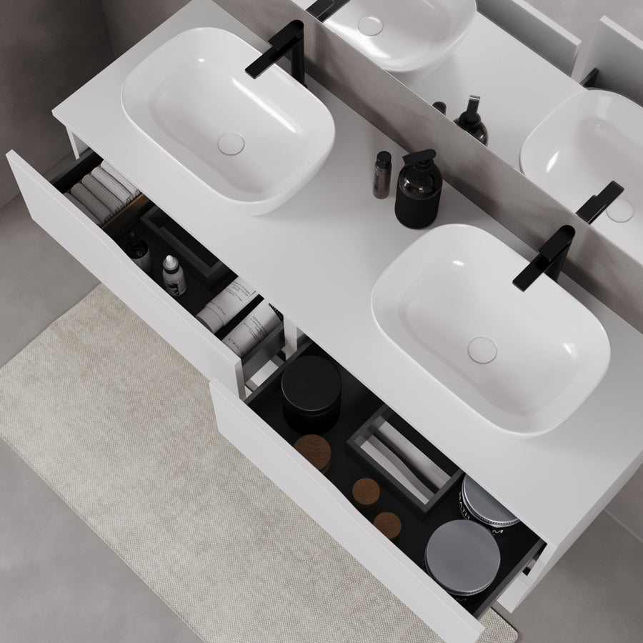 Meuble de salle de bain 120cm avec plateau et 2 vasques à poser Zeus - sans miroir - 4 tiroirs - LUNA