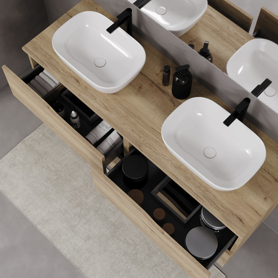 Meuble de salle de bain 120cm avec plateau et 2 vasques à poser Zeus - sans miroir - 4 tiroirs - LUNA