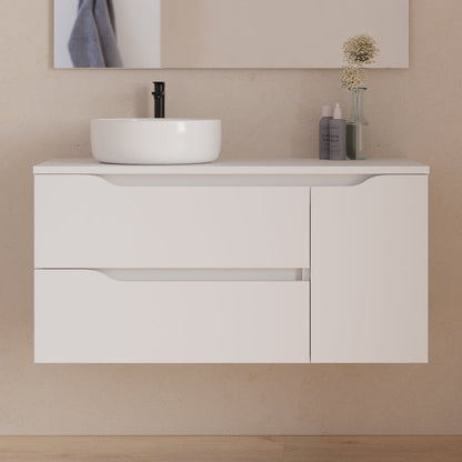 Meuble de salle de bain 100cm avec plateau, vasque à poser déportée à gauche Ares et miroir - 2 tiroirs et un placard - ZARZA