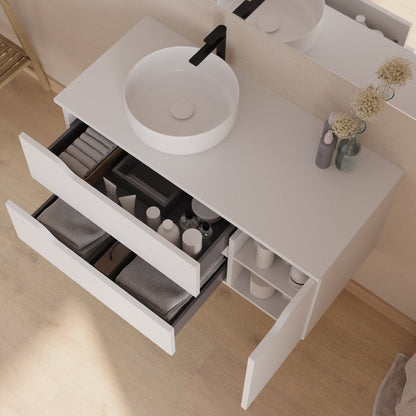Meuble de salle de bain 100cm avec plateau, vasque à poser déportée à gauche Ares et miroir - 2 tiroirs et un placard - ZARZA