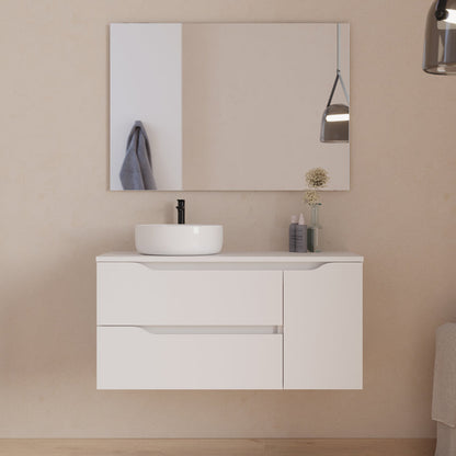 Meuble de salle de bain 100cm avec plateau, vasque à poser déportée à gauche Ares et miroir - 2 tiroirs et un placard - ZARZA