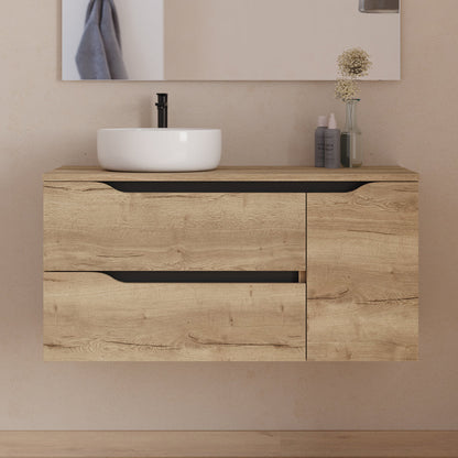 Meuble de salle de bain 100cm avec plateau, vasque à poser déportée à gauche Ares et miroir - 2 tiroirs et un placard - ZARZA