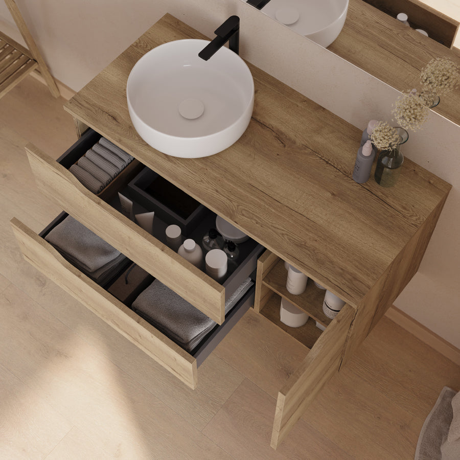 Meuble de salle de bain 100cm avec plateau, vasque à poser déportée à gauche Ares et miroir - 2 tiroirs et un placard - ZARZA