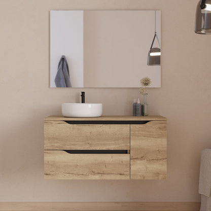Meuble de salle de bain 100cm avec plateau, vasque à poser déportée à gauche Ares et miroir - 2 tiroirs et un placard - ZARZA