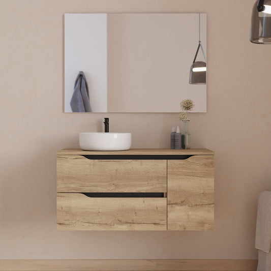 Meuble de salle de bain 100cm avec plateau, vasque à poser déportée à gauche Ares et miroir - 2 tiroirs et un placard - ZARZA