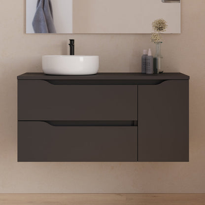 Meuble de salle de bain 100cm avec plateau, vasque à poser déportée à gauche Ares et miroir - 2 tiroirs et un placard - ZARZA