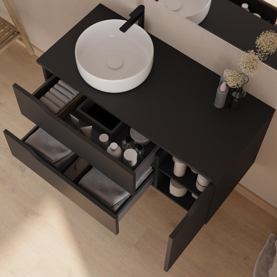 Meuble de salle de bain 100cm avec plateau, vasque à poser déportée à gauche Ares et miroir - 2 tiroirs et un placard - ZARZA