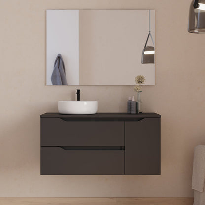 Meuble de salle de bain 100cm avec plateau, vasque à poser déportée à gauche Ares et miroir - 2 tiroirs et un placard - ZARZA