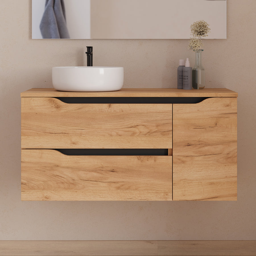 Meuble de salle de bain 100cm avec plateau, vasque à poser déportée à gauche Ares et miroir - 2 tiroirs et un placard - ZARZA