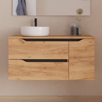 Meuble de salle de bain 100cm avec plateau, vasque à poser déportée à gauche Ares et miroir - 2 tiroirs et un placard - ZARZA