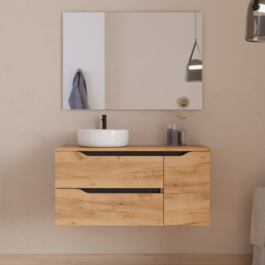 Meuble de salle de bain 100cm avec plateau, vasque à poser déportée à gauche Ares et miroir - 2 tiroirs et un placard - ZARZA