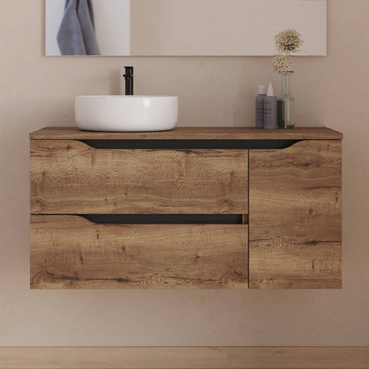Meuble de salle de bain 100cm avec plateau, vasque à poser déportée à gauche Ares et miroir - 2 tiroirs et un placard - ZARZA