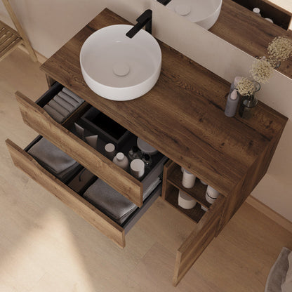 Meuble de salle de bain 100cm avec plateau, vasque à poser déportée à gauche Ares et miroir - 2 tiroirs et un placard - ZARZA