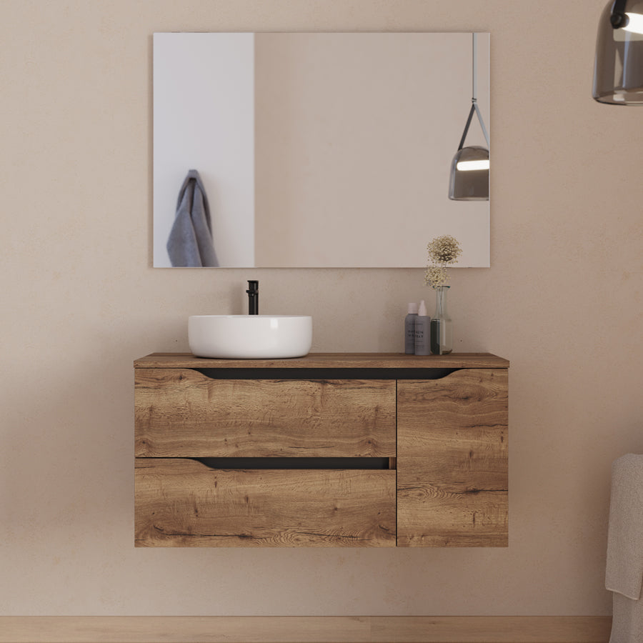 Meuble de salle de bain 100cm avec plateau, vasque à poser déportée à gauche Ares et miroir - 2 tiroirs et un placard - ZARZA