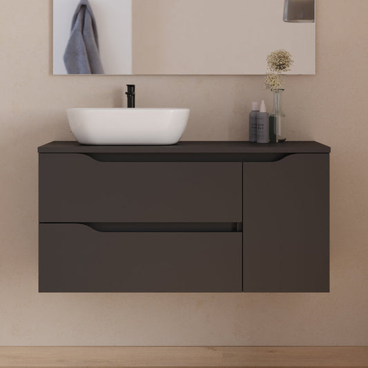 Meuble de salle de bain 100cm avec plateau et vasque à poser déportée à gauche Zeus - sans miroir - 2 tiroirs et un placard - ZARZA