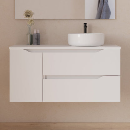 Meuble de salle de bain 100cm avec plateau, vasque à poser déportée à droite Ares et miroir - 2 tiroirs et un placard - ZARZA