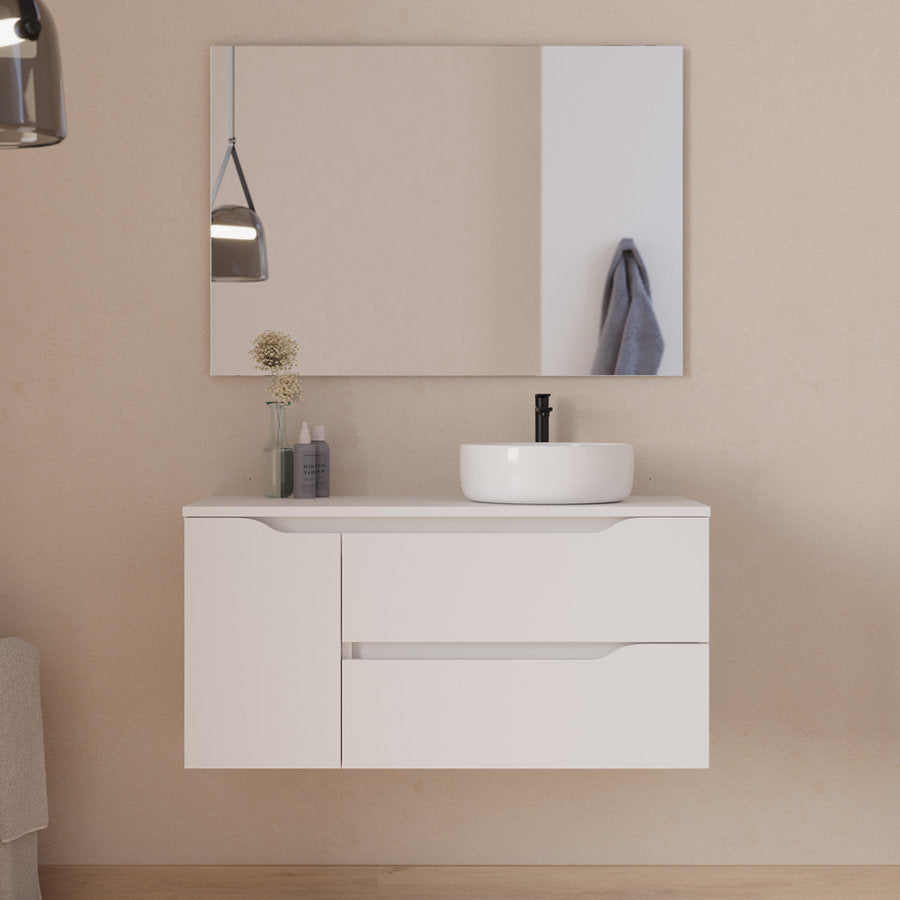 Meuble de salle de bain 100cm avec plateau, vasque à poser déportée à droite Ares et miroir - 2 tiroirs et un placard - ZARZA