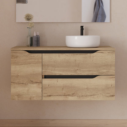 Meuble de salle de bain 100cm avec plateau, vasque à poser déportée à droite Ares et miroir - 2 tiroirs et un placard - ZARZA