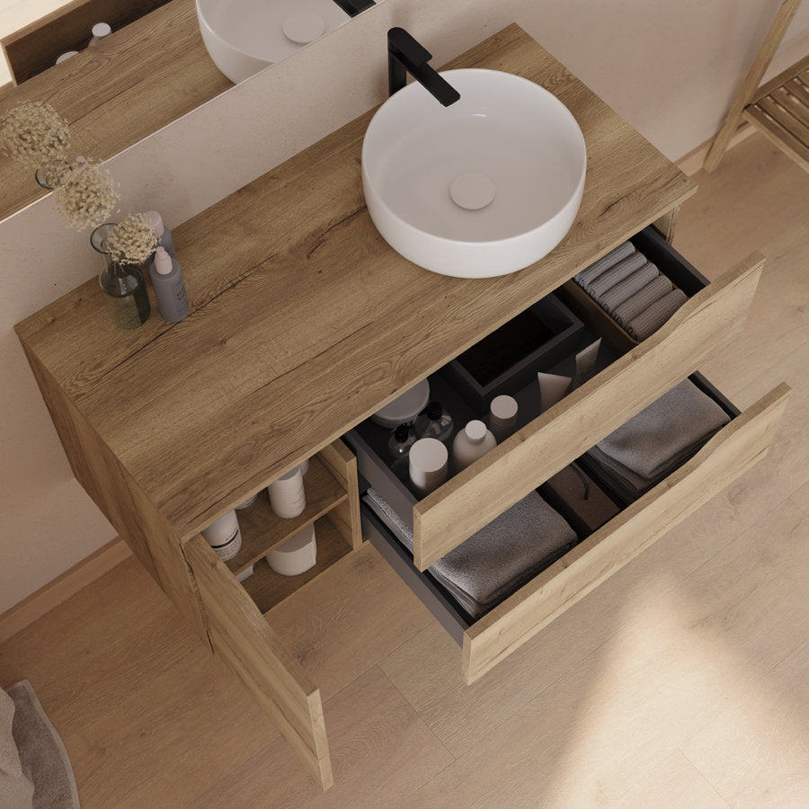 Meuble de salle de bain 100cm avec plateau, vasque à poser déportée à droite Ares et miroir - 2 tiroirs et un placard - ZARZA