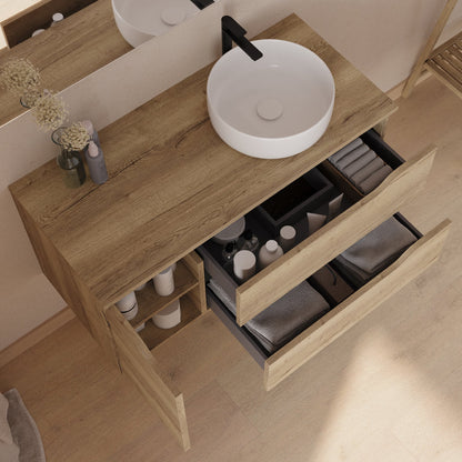 Meuble de salle de bain 100cm avec plateau, vasque à poser déportée à droite Ares et miroir - 2 tiroirs et un placard - ZARZA