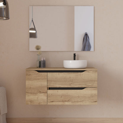 Meuble de salle de bain 100cm avec plateau, vasque à poser déportée à droite Ares et miroir - 2 tiroirs et un placard - ZARZA