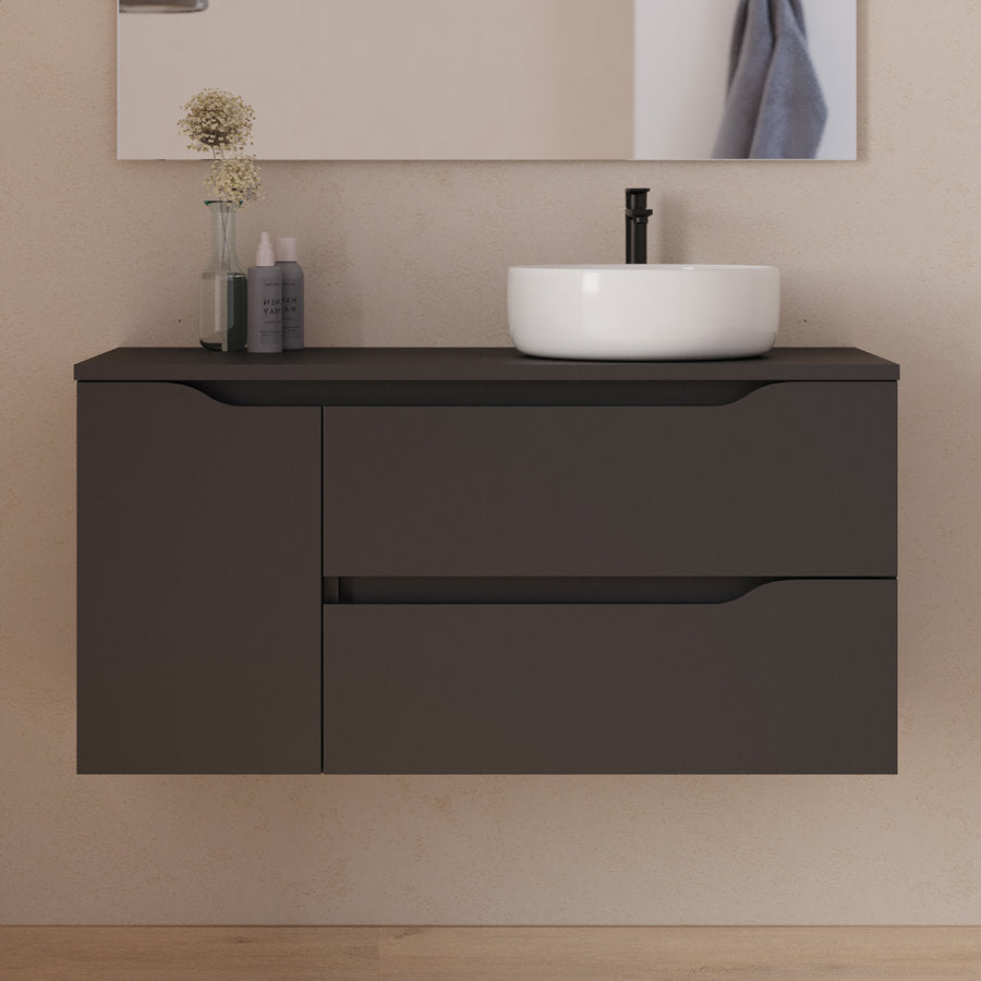 Meuble de salle de bain 100cm avec plateau, vasque à poser déportée à droite Ares et miroir - 2 tiroirs et un placard - ZARZA