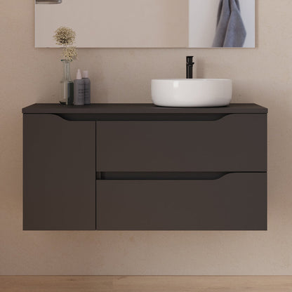 Meuble de salle de bain 100cm avec plateau, vasque à poser déportée à droite Ares et miroir - 2 tiroirs et un placard - ZARZA