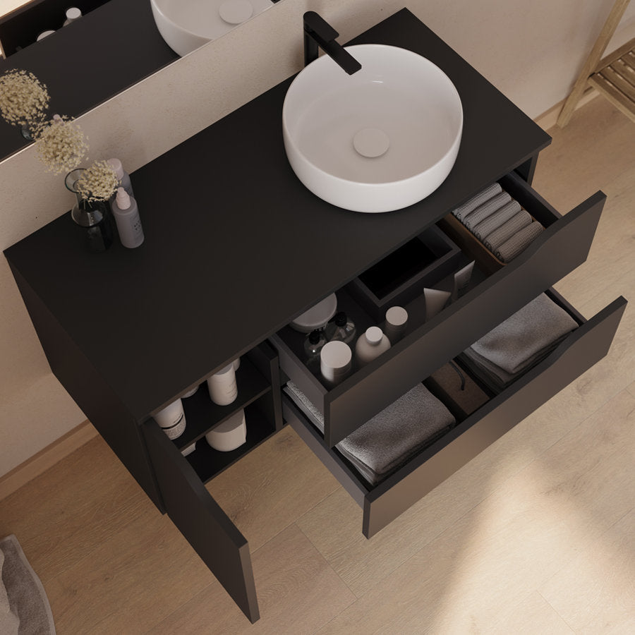 Meuble de salle de bain 100cm avec plateau, vasque à poser déportée à droite Ares et miroir - 2 tiroirs et un placard - ZARZA