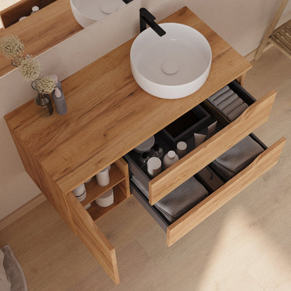 Meuble de salle de bain 100cm avec plateau, vasque à poser déportée à droite Ares et miroir - 2 tiroirs et un placard - ZARZA