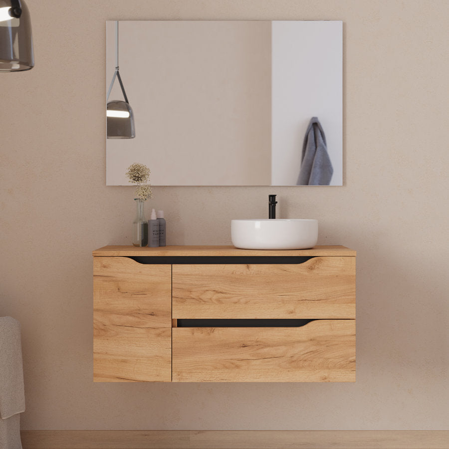 Meuble de salle de bain 100cm avec plateau, vasque à poser déportée à droite Ares et miroir - 2 tiroirs et un placard - ZARZA