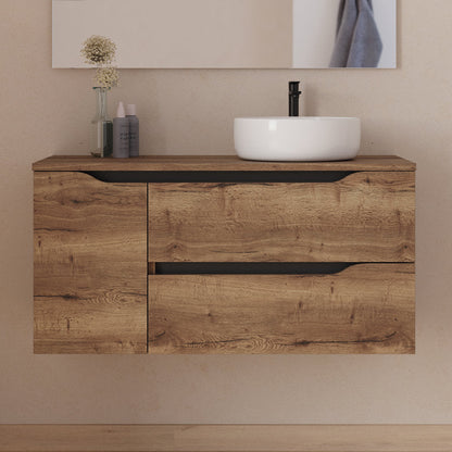 Meuble de salle de bain 100cm avec plateau, vasque à poser déportée à droite Ares et miroir - 2 tiroirs et un placard - ZARZA
