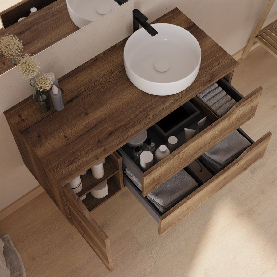 Meuble de salle de bain 100cm avec plateau, vasque à poser déportée à droite Ares et miroir - 2 tiroirs et un placard - ZARZA
