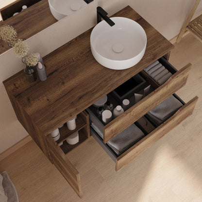 Meuble de salle de bain 100cm avec plateau, vasque à poser déportée à droite Ares et miroir - 2 tiroirs et un placard - ZARZA