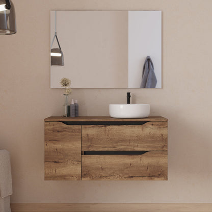 Meuble de salle de bain 100cm avec plateau, vasque à poser déportée à droite Ares et miroir - 2 tiroirs et un placard - ZARZA