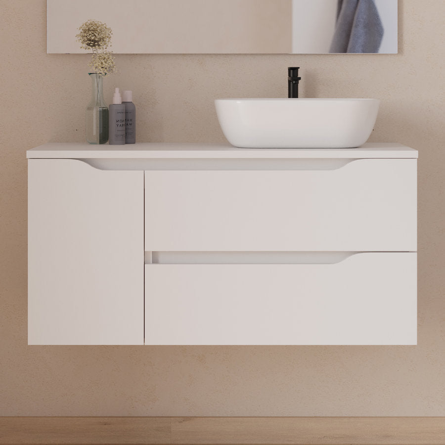 Meuble de salle de bain 100cm avec plateau, vasque à poser déportée à droite Zeus et miroir - 2 tiroirs et un placard - ZARZA