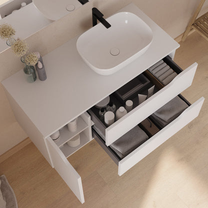 Meuble de salle de bain 100cm avec plateau, vasque à poser déportée à droite Zeus et miroir - 2 tiroirs et un placard - ZARZA