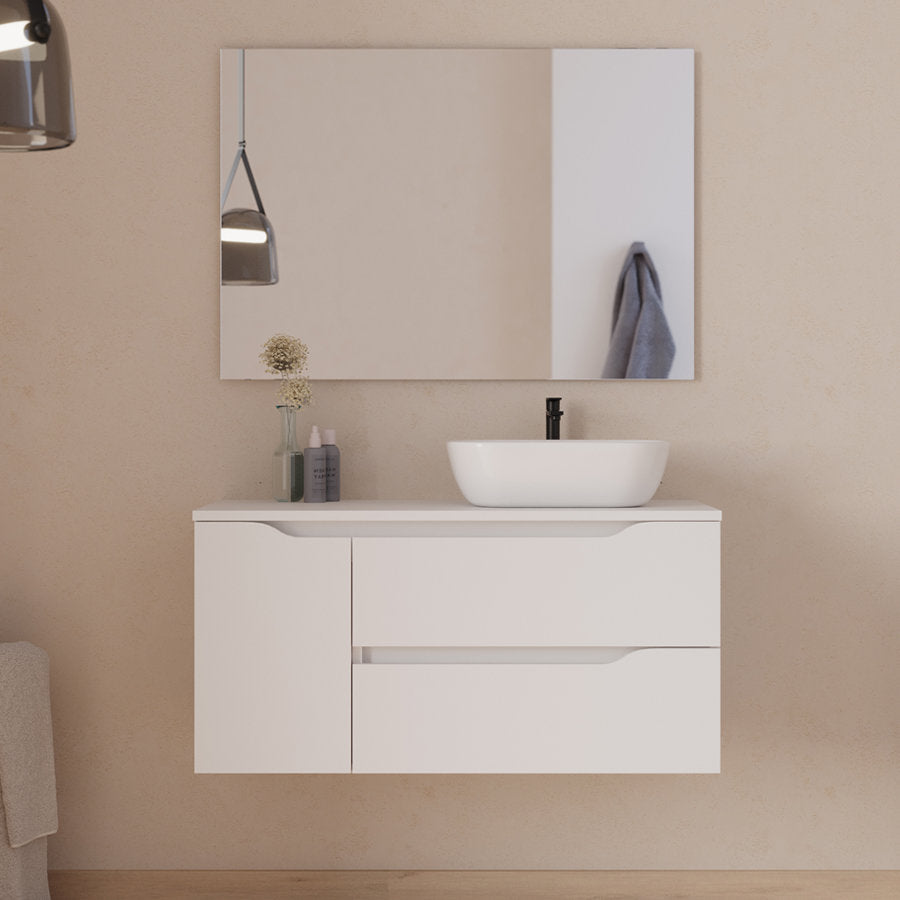 Meuble de salle de bain 100cm avec plateau, vasque à poser déportée à droite Zeus et miroir - 2 tiroirs et un placard - ZARZA