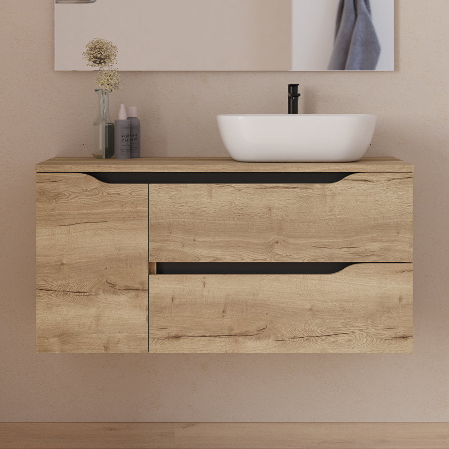 Meuble de salle de bain 100cm avec plateau, vasque à poser déportée à droite Zeus et miroir - 2 tiroirs et un placard - ZARZA