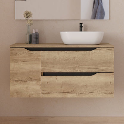 Meuble de salle de bain 100cm avec plateau, vasque à poser déportée à droite Zeus et miroir - 2 tiroirs et un placard - ZARZA