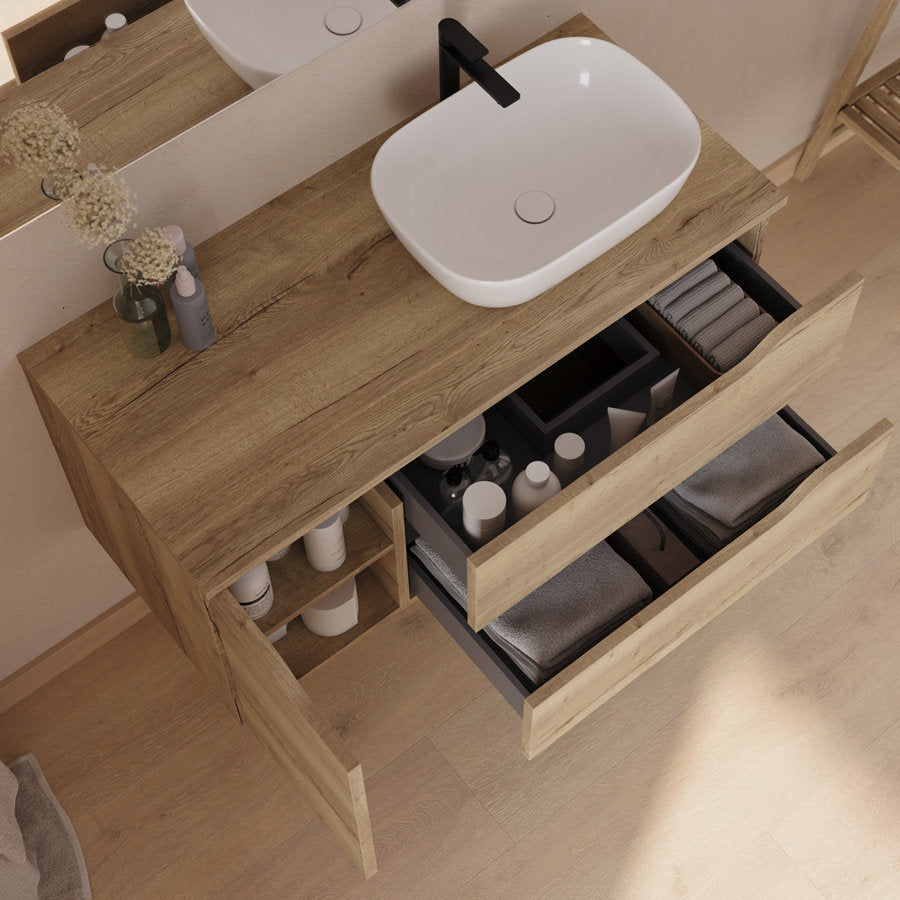 Meuble de salle de bain 100cm avec plateau, vasque à poser déportée à droite Zeus et miroir - 2 tiroirs et un placard - ZARZA