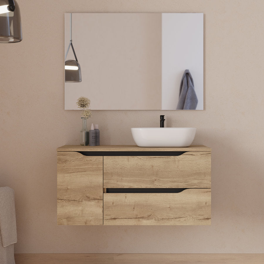 Meuble de salle de bain 100cm avec plateau, vasque à poser déportée à droite Zeus et miroir - 2 tiroirs et un placard - ZARZA