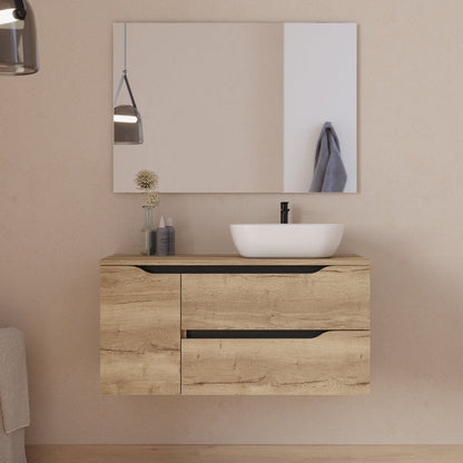 Meuble de salle de bain 100cm avec plateau, vasque à poser déportée à droite Zeus et miroir - 2 tiroirs et un placard - ZARZA