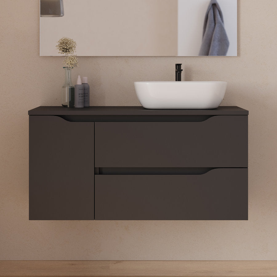 Meuble de salle de bain 100cm avec plateau, vasque à poser déportée à droite Zeus et miroir - 2 tiroirs et un placard - ZARZA