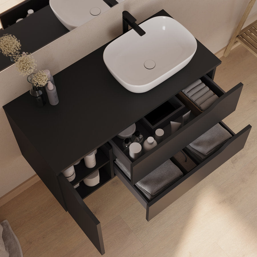 Meuble de salle de bain 100cm avec plateau, vasque à poser déportée à droite Zeus et miroir - 2 tiroirs et un placard - ZARZA