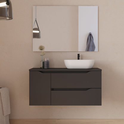 Meuble de salle de bain 100cm avec plateau, vasque à poser déportée à droite Zeus et miroir - 2 tiroirs et un placard - ZARZA