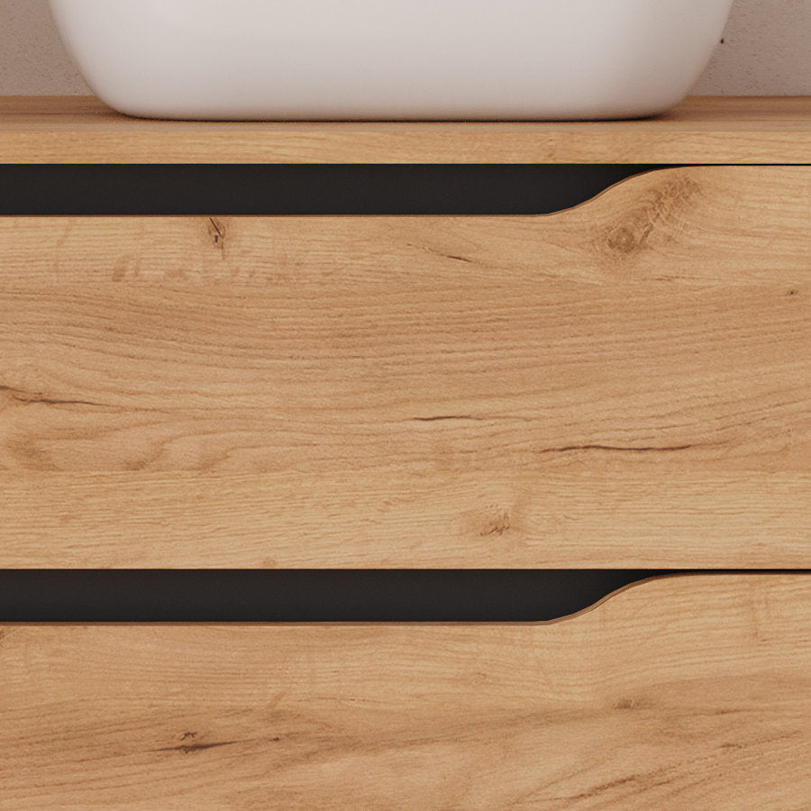 Meuble de salle de bain 100cm avec plateau, vasque à poser déportée à droite Zeus et miroir - 2 tiroirs et un placard - ZARZA