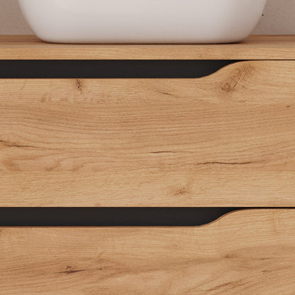 Meuble de salle de bain 100cm avec plateau, vasque à poser déportée à droite Zeus et miroir - 2 tiroirs et un placard - ZARZA