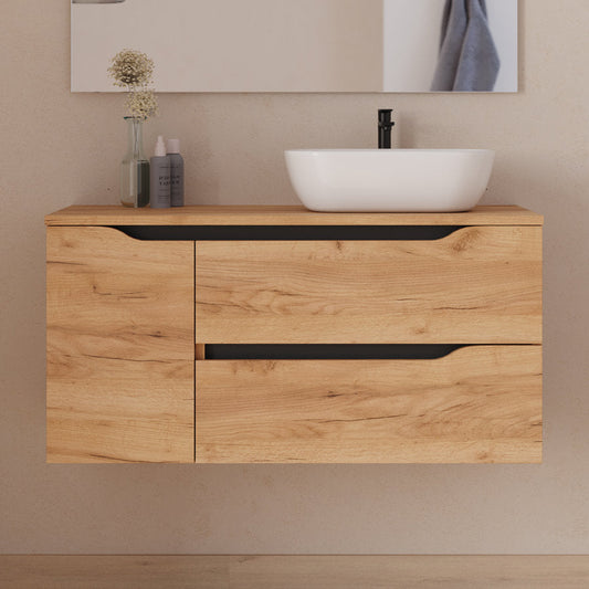 Meuble de salle de bain 100cm avec plateau et vasque à poser déportée à droite Zeus - sans miroir - 2 tiroirs et un placard - ZARZA